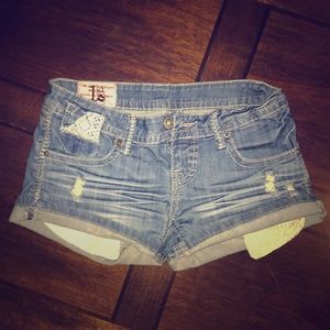 Crochet Detail Stretch Denim Shorts